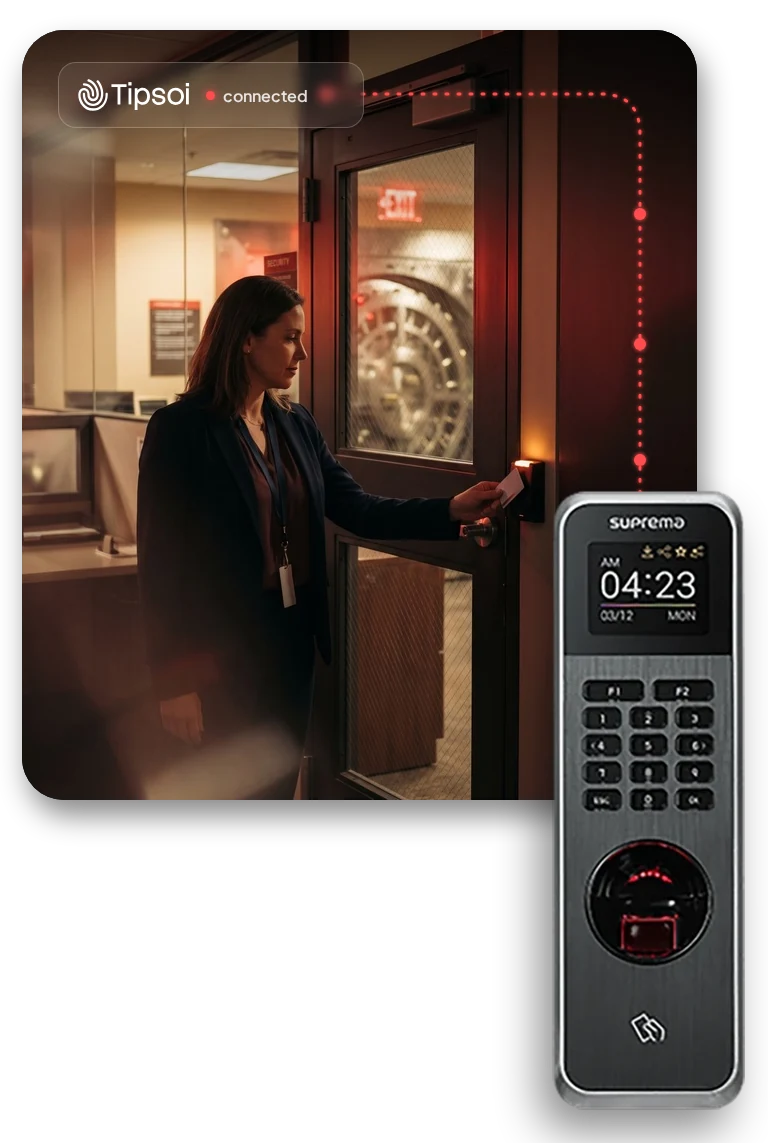 Suprema fingerprint and card reader connected to Tipsoi